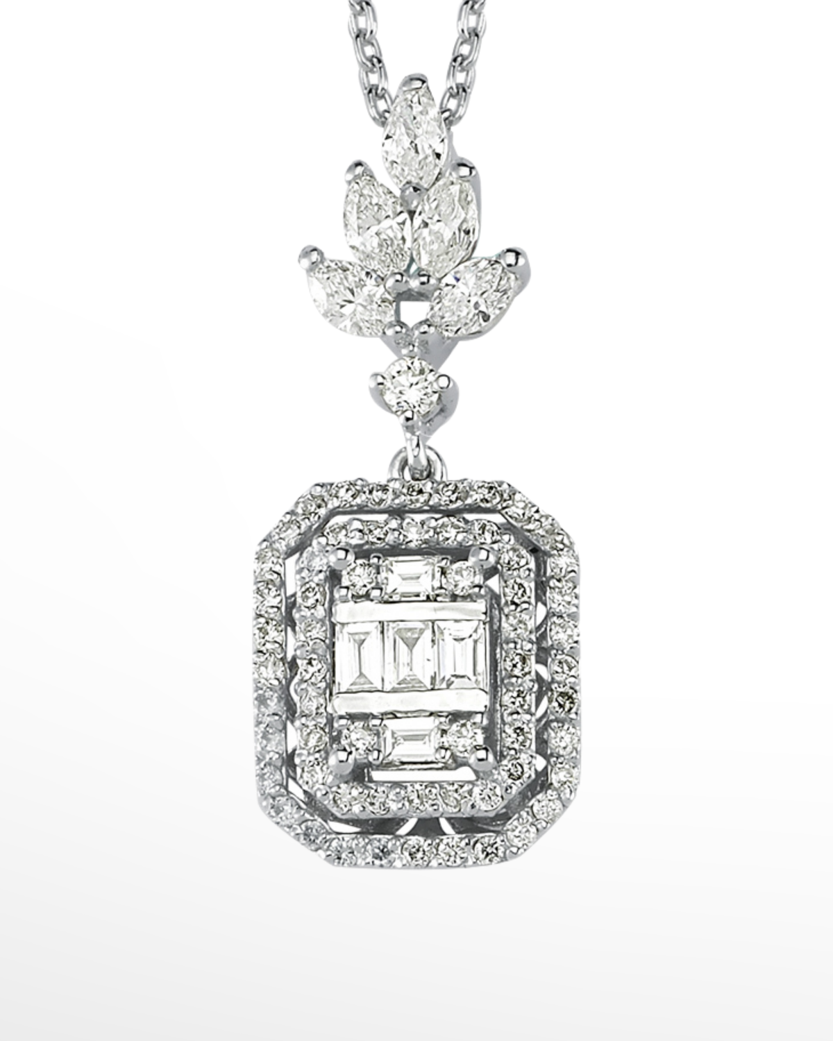 |0,64 Karat| 14 Ayar Beyaz Altın Baget Pırlanta Kolye